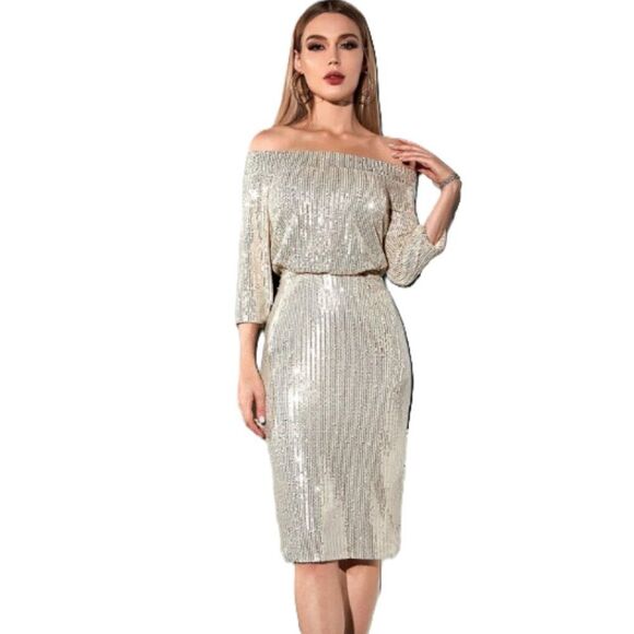 Shein sequins dress Women's medium Off-shoulder Back slit Midi Party Date night - Picture 1 of 15